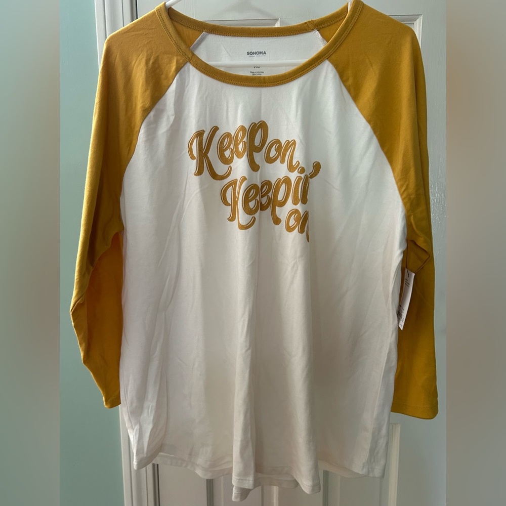 NWT XL Women's Mustard and White 3/4 Length Sleeve Graphic Raglan Top